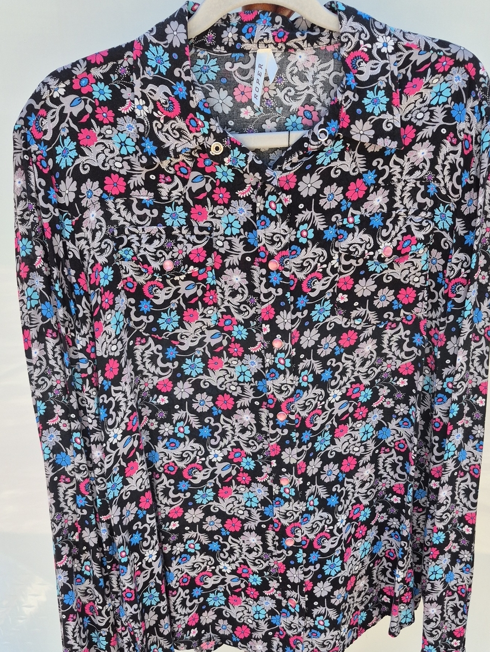 Roper Woven Floral Button-Down Shirt in Black with Pink & Blue Flowers